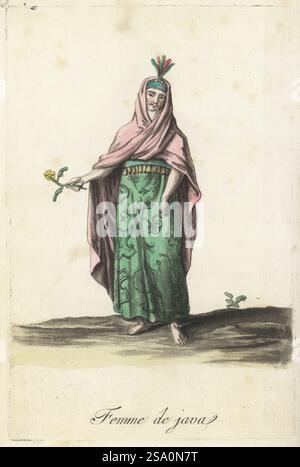 Costume d'une femme javanaise, Indonésie. Elle porte une casquette avec des plumes, un long manteau sur la tête et les épaules, couvrant un kebaya, sarong en coton imprimé batik. Femme de Java. Gravure sur cuivre colorée à la main par Jacques Grasset de Saint-Sauveur d’après les costumes civils actuels de tous les peuples connus, dessines d’apres nature, costumes civils actuels de tous les peuples connus, tirés de la nature, chez Pavard, Paris, 1788. Banque D'Images