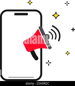 Smartphone avec mégaphone, rayonnant des ondes sonores et des étoiles. Illustration de Vecteur