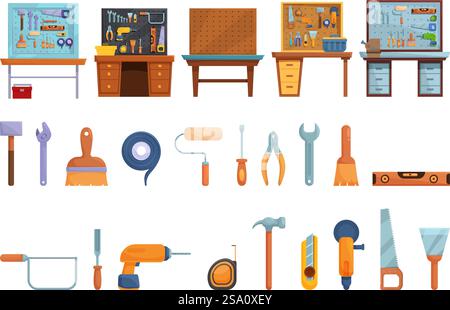 Les icônes de panneau d'outils de garage définissent le vecteur de dessin animé. Atelier intérieur. Outil de planche en bois. Les icônes de panneau d'outils de garage définissent le vecteur de dessin animé. Atelier intérieur Illustration de Vecteur