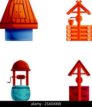 Les icônes de puits définissent le vecteur de dessin animé. Puits en bois et en pierre avec toit et seau. Source rustique de puits d'eau potable. Les icônes de puits définissent le vecteur de dessin animé. Puits en bois et en pierre avec toit et seau Illustration de Vecteur