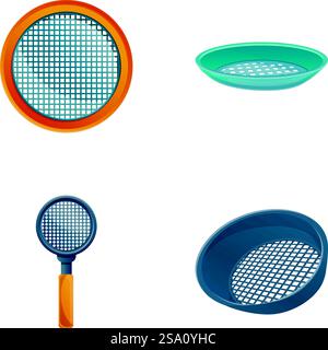 Les icônes de tamis définissent le vecteur de dessin animé. Différents types de tamis. Ustensile, ustensiles de cuisine. Les icônes de tamis définissent le vecteur de dessin animé. Différents types de tamis Illustration de Vecteur