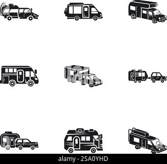 Icône de remorque autocaravane définie. Ensemble simple de 9 icônes vectorielles de remorque de camping-car pour la conception Web isolé sur fond blanc. Ensemble d'icônes de remorque de camping-car, style simple Illustration de Vecteur