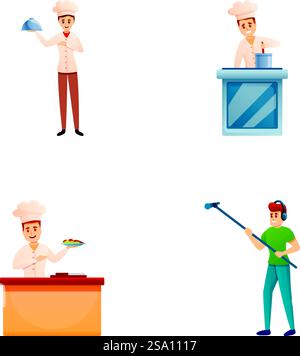 Les icônes culinaires de spectacle définissent le vecteur de dessin animé. L'équipe de télévision enregistre une émission de télévision. Cours culinaire, cours de formation. Les icônes culinaires de spectacle définissent le vecteur de dessin animé. L'équipe de télévision enregistre une émission de télévision Illustration de Vecteur