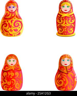 Matryoshka icônes Set vecteur de dessin animé. Poupée russe. Jouet traditionnel en bois, souvenir. Matryoshka icônes Set vecteur de dessin animé. Poupée russe Illustration de Vecteur