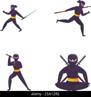 Les icônes de ninja définissent le vecteur de dessin animé. Personnage de ninja en posture de combat. Caractère asiatique dans le masque. Les icônes de ninja définissent le vecteur de dessin animé. Personnage de ninja en posture de combat Illustration de Vecteur