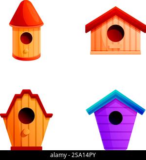 Les icônes Birdhouse définissent le vecteur de dessin animé. Nichoir en bois différent. Maison en bois pour oiseau. Les icônes Birdhouse définissent le vecteur de dessin animé. Nichoir en bois différent Illustration de Vecteur