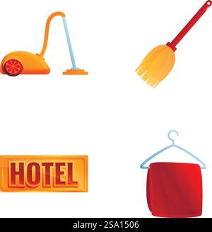 Les icônes d'équipement d'hôtel définissent le vecteur de dessin animé. Accessoires et équipements hôteliers. Secteur des services, tourisme. Les icônes d'équipement d'hôtel définissent le vecteur de dessin animé. Accessoires et équipements hôteliers Illustration de Vecteur