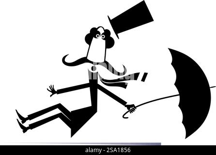 Homme de dessin animé, parapluie et jour venteux. Cartoon long moustache homme dans le chapeau haut de gamme avec parapluie tombant de l'ajustement par le vent fort Illustration de Vecteur