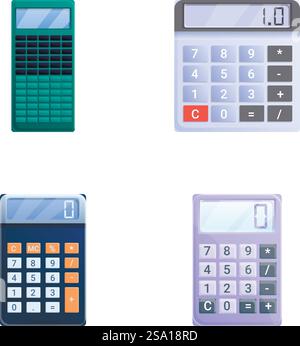 Les icônes de calculatrice définissent le vecteur de dessin animé. Calculatrice de base en différentes couleurs. Papeterie, appareil mathématique. Les icônes de calculatrice définissent le vecteur de dessin animé. Calculatrice de base en différentes couleurs Illustration de Vecteur