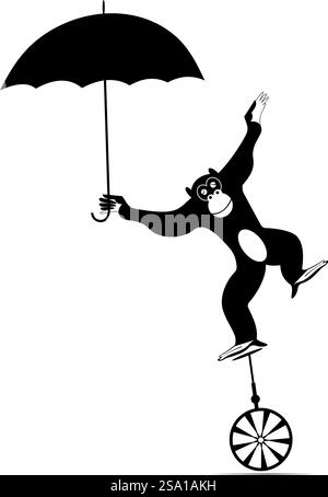 Equilibrist singe balance sur le monocycle avec parapluie. Cirque. Cartoon Monkey tient un parapluie et des balances sur monocycle Illustration de Vecteur
