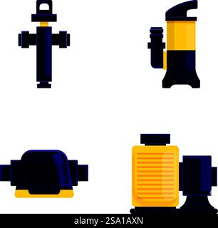 Les icônes de pompe définissent le vecteur de dessin animé. Pompage d'eau et de liquide. Équipement technique. Les icônes de pompe définissent le vecteur de dessin animé. Pompage d'eau et de liquide Illustration de Vecteur