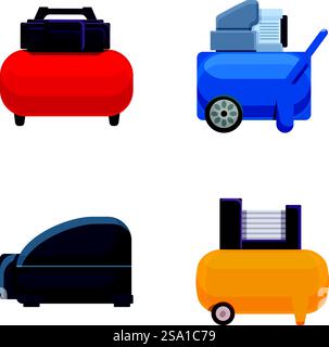 Les icônes de compresseur d'air définissent le vecteur de dessin animé. Différents types de compresseur d'air. EQUIPEMENT industriel. Les icônes de compresseur d'air définissent le vecteur de dessin animé. Différents types de compresseur d'air Illustration de Vecteur