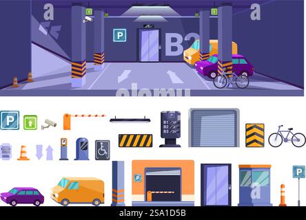 Les icônes de parking souterrain définissent le vecteur de dessin animé. Garage urbain. Sortie numérique. Les icônes de parking souterrain définissent le vecteur de dessin animé. Garage urbain Illustration de Vecteur