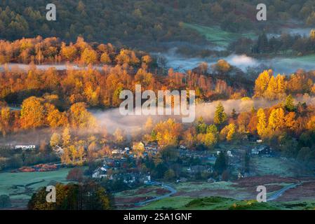 Couleurs d'automne vibrantes dans la vallée brumeuse avec la lumière dorée du soleil, Elterwater Village, Lake District, Royaume-Uni. Banque D'Images