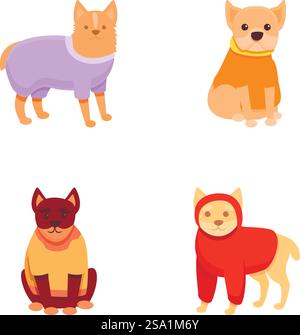 Icônes de vêtements de chien définissent le vecteur de dessin animé. Race différente de chien dans des vêtements lumineux. Animal de compagnie mignon, mode. Icônes de vêtements de chien définissent le vecteur de dessin animé. Race différente de chien dans des vêtements lumineux Illustration de Vecteur