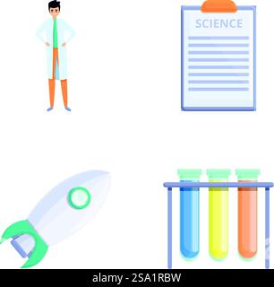 Les icônes de science définissent le vecteur de dessin animé. Scientifique faisant des recherches en laboratoire. Technologie moderne, éducation. Les icônes de science définissent le vecteur de dessin animé. Scientifique faisant des recherches en laboratoire Illustration de Vecteur