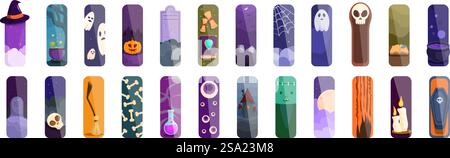 Icônes de signet d'Halloween définir vecteur de dessin animé. Motif balai. Carte de vacances sombre. Icônes de signet d'Halloween définir vecteur de dessin animé. Motif balai Illustration de Vecteur