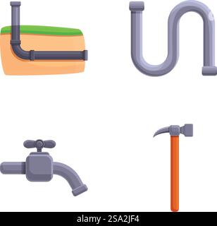 Les icônes d'ingénierie de plomberie définissent le vecteur de dessin animé. EQUIPEMENT et outil de plomberie. Installation d'un tuyau d'alimentation en eau. Les icônes d'ingénierie de plomberie définissent le vecteur de dessin animé. EQUIPEMENT et outil de plomberie Illustration de Vecteur
