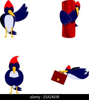 Les icônes Woodpecker définissent le vecteur de dessin animé. Drôle d'oiseau de pic lumineux. Personnage de dessin animé. Les icônes Woodpecker définissent le vecteur de dessin animé. Drôle d'oiseau de pic lumineux Illustration de Vecteur