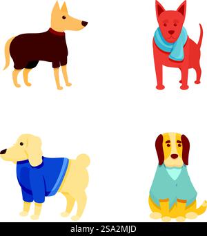 Icônes de chien mignon définir vecteur de dessin animé. Race différente de chien dans des vêtements colorés. Animal drôle, mode. Icônes de chien mignon définir vecteur de dessin animé. Race différente de chien dans des vêtements colorés Illustration de Vecteur