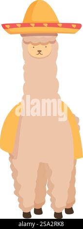 Mignon personnage de lama illustré vêtu d'un sombrero coloré et d'un poncho jaune. Lama de dessin animé en sombrero et poncho Illustration de Vecteur