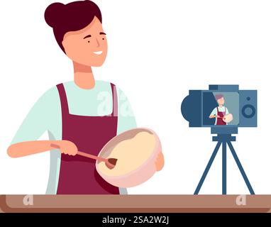 Femme souriante filmant un spectacle de cuisine pour son appareil photo numérique dans sa cuisine moderne. Création de contenu pour son canal de vlogging de tutoriel en ligne. Mélanger les ingrédients dans un bol avec une cuillère en bois. Joyeuse femme enregistre un tutoriel de cuisine pour son public en ligne avec un appareil photo numérique Illustration de Vecteur