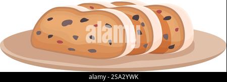 Illustration graphique de pain aux raisins secs tranché servi sur une assiette simple, isolé sur un fond blanc. Pain aux raisins secs tranché sur l'illustration de l'assiette Illustration de Vecteur