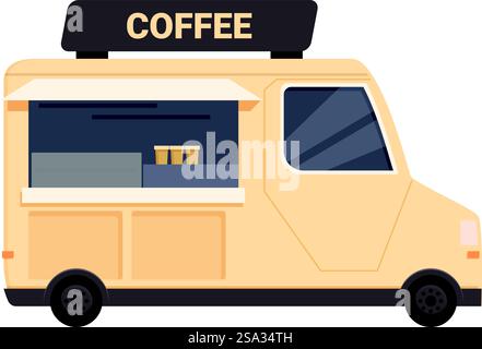 Vecteur de conception plat d'un camion de café, parfait pour les thèmes de service alimentaire. Illustration vectorielle mobile de chariot de café Illustration de Vecteur