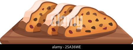 Illustration de pain fraîchement tranché avec des raisins secs sur une planche à découper, isolé sur blanc. Pain tranché de dessin animé sur planche de bois Illustration de Vecteur