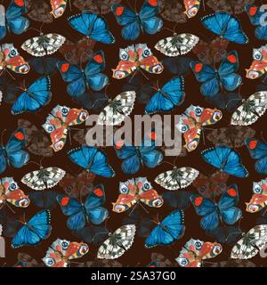 Papillons de couleurs vives, papillons paon, nymphalides, morpho tous les objets sont peints à la main à l'aquarelle. Motif aquarelle sans couture. Pour Banque D'Images