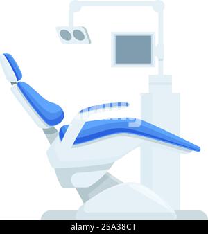 Illustration d'un fauteuil dentaire moderne dans une clinique dentaire contemporaine pour les soins et le traitement bucco-dentaires professionnels. Confort réglable pour les patients. Équipement propre et stérile. Graphique vectoriel d'une chaise contemporaine de dentiste & rsquo ; s avec équipement Illustration de Vecteur