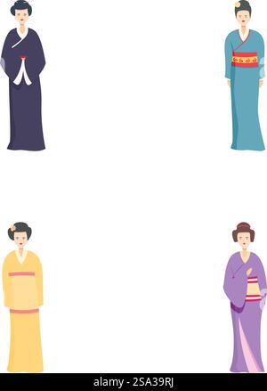 Collection de quatre illustrations vectorielles représentant des femmes dans des kimonos colorés, représentant la culture japonaise. Ensemble vectoriel de femmes dans des kimonos japonais traditionnels Illustration de Vecteur
