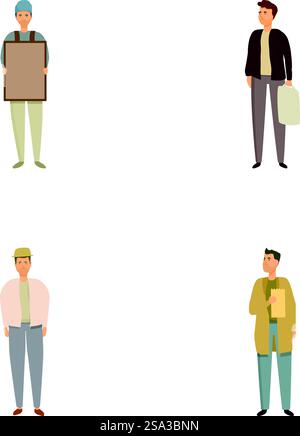 Quatre hommes de bande dessinée isolés montrant la variété dans la mode et les accessoires. Ensemble de divers hommes de dessin animé dans différentes tenues Illustration de Vecteur