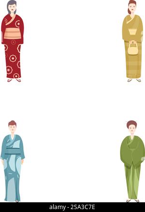 Collection exquise de vêtements traditionnels japonais, y compris des kimono et yukata pour hommes et femmes, représentant le patrimoine culturel diversifié et l'identité unique du japon. Ensemble de quatre illustrations de personnes portant différents styles de vêtements traditionnels japonais Illustration de Vecteur