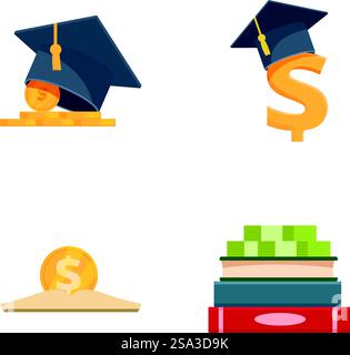 Ensemble d'illustrations montrant le concept d'investir dans l'éducation avec de l'argent et des symboles de graduation. Jeu d'icônes de concept d'investissement dans l'éducation Illustration de Vecteur
