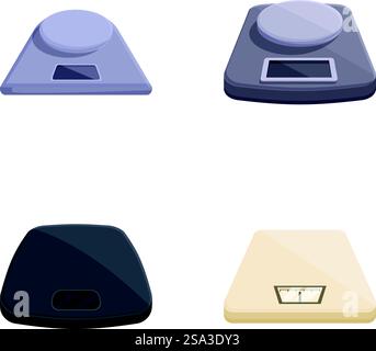 Collection de quatre balances de cuisine numériques dans divers modèles et couleurs, isolées sur un fond blanc. Ensemble d'icônes de balances numériques modernes Illustration de Vecteur