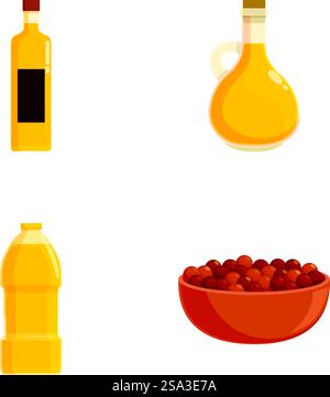 Collection d'huiles de cuisson illustrées et de noix, y compris l'huile d'olive, idéale pour les dessins culinaires. Assortiment d'huiles de cuisson et de noix vecteur Illustration de Vecteur