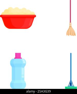 Collection colorée d'icônes vectorielles présentant des articles de nettoyage ménager courants. Jeu d'icônes de fournitures de nettoyage Illustration de Vecteur