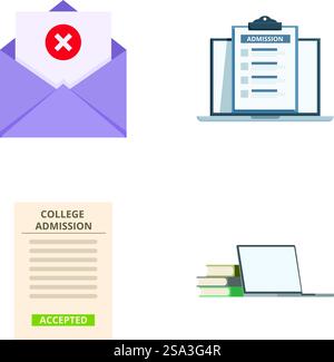 Ensemble de quatre icônes plates représentant la demande d'admission à l'université, l'acceptation et le rejet. Icônes de notification d'admission à l'université et de processus de candidature Illustration de Vecteur