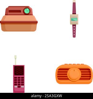 Explorez notre vaste collection d'appareils électroniques vintage, y compris des icônes de technologie rétro telles que des appareils photo, des montres-bracelets, des téléphones mobiles, des radios, et plus encore. Ensemble d'icônes de technologie rétro, y compris un appareil photo, une montre, un téléphone et une radio Illustration de Vecteur
