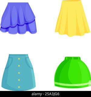 Collection de quatre jupes élégantes dans un design plat pour des graphismes liés à la mode. Ensemble de diverses icônes de conception plates de jupes colorées Illustration de Vecteur