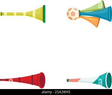 Collection de quatre illustrations vectorielles isolées de vuvuzelas colorés, cornes traditionnelles de fans de football. Ensemble d'illustration vectorielle colorée de vuvuzelas Illustration de Vecteur