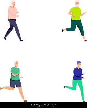 Collection de quatre hommes matures divers et actifs faisant du jogging dans différentes tenues, isolés sur blanc. Ensemble d'hommes matures exécutant des illustrations Illustration de Vecteur