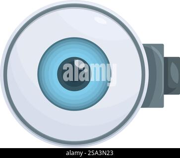 Illustration détaillée de la caméra de surveillance de bande dessinée dans un design plat moderne avec un schéma de couleurs bleu et blanc, monté sur un mur. Illustration vectorielle d'une caméra de surveillance de dessin animé stylisée avec un grand objectif Illustration de Vecteur