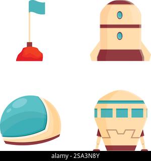 Ensemble de quatre icônes vectorielles dynamiques de style cartoonstyle représentant l'exploration spatiale. Collection d'icônes colorées de l'espace de dessin animé Illustration de Vecteur