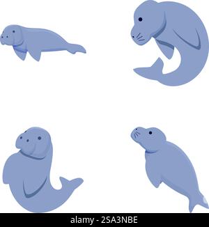 Collection de quatre adorables illustrations de lamantins de dessin animé, mettant en valeur différentes positions ludiques et détendues. Ensemble de lamantins de dessin animé mignons dans diverses poses Illustration de Vecteur