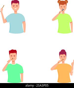 Illustration de divers personnages pratiquant l'hygiène dentaire en se brossant les dents. Ensemble de personnes utilisant des brosses à dents Illustration de Vecteur
