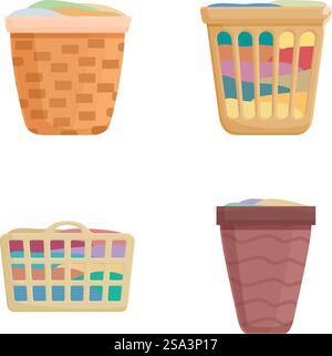 Collection de quatre icônes de conception plate montrant différents styles de paniers à linge. Ensemble d'icônes colorées de paniers à linge Illustration de Vecteur