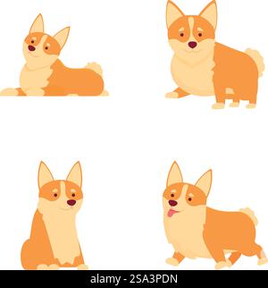 Quatre charmants corgis illustrés présentant différentes positions ludiques. Ensemble de corgis de dessin animé mignon dans diverses poses Illustration de Vecteur
