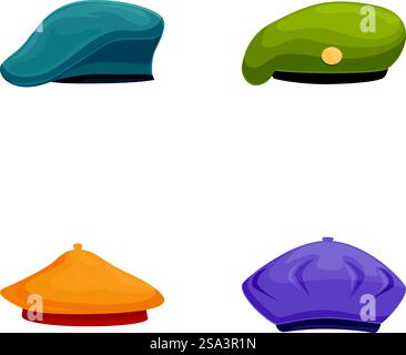 Collection de quatre illustrations colorées et à chapeau plat dans un style de dessin animé. Ensemble de diverses casquettes plates de dessin animé Illustration de Vecteur